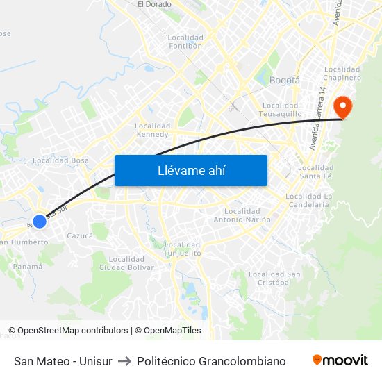 San Mateo - Unisur to Politécnico Grancolombiano map