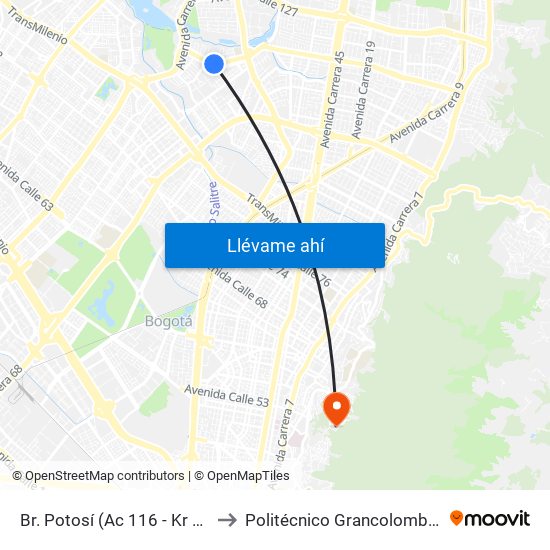 Br. Potosí (Ac 116 - Kr 70h) to Politécnico Grancolombiano map