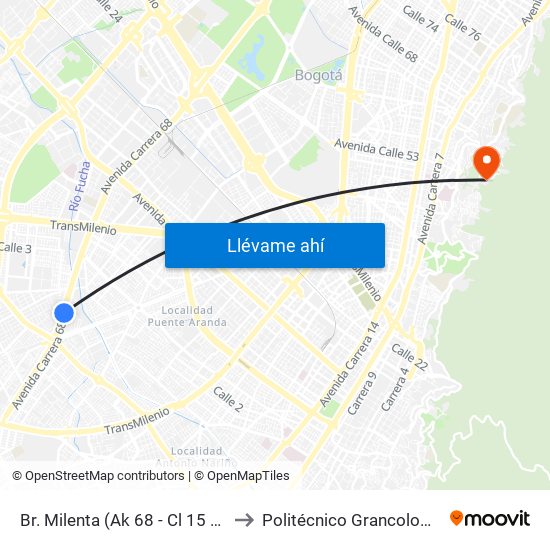 Br. Milenta (Ak 68 - Cl 15 Sur) (A) to Politécnico Grancolombiano map