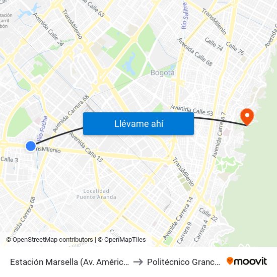 Estación Marsella (Av. Américas - Kr 69c) (A) to Politécnico Grancolombiano map