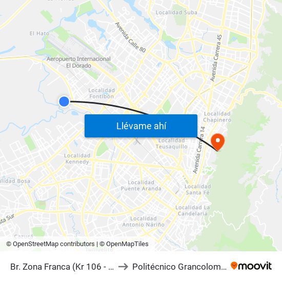 Br. Zona Franca (Kr 106 - Cl 14) to Politécnico Grancolombiano map