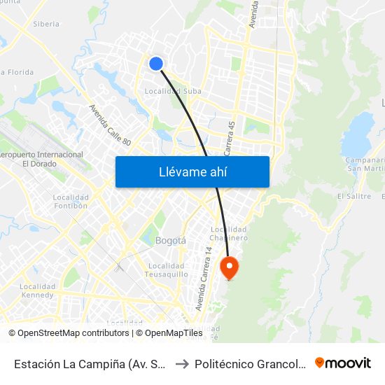 Estación La Campiña (Av. Suba - Kr 99) to Politécnico Grancolombiano map