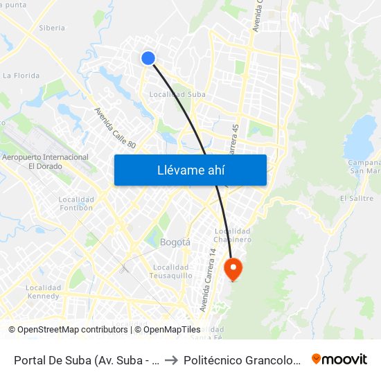 Portal De Suba (Av. Suba - Kr 106) to Politécnico Grancolombiano map