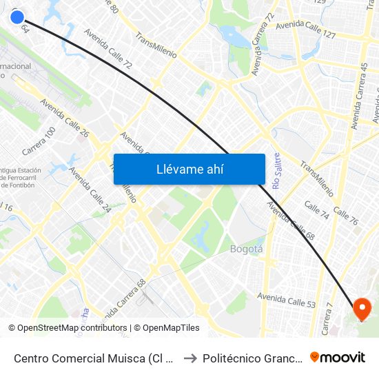 Centro Comercial Muisca (Cl 64 - Kr 118b) (A) to Politécnico Grancolombiano map