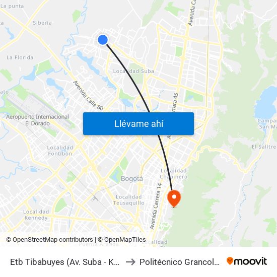 Etb Tibabuyes (Av. Suba - Kr 114c) (A) to Politécnico Grancolombiano map