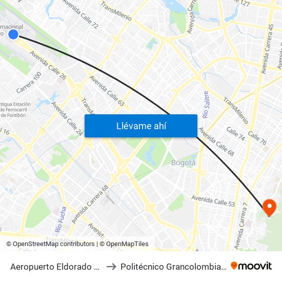 Aeropuerto Eldorado (B) to Politécnico Grancolombiano map