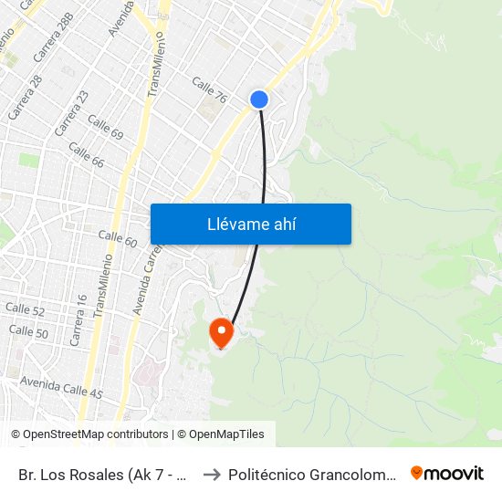 Br. Los Rosales (Ak 7 - Cl 78) to Politécnico Grancolombiano map