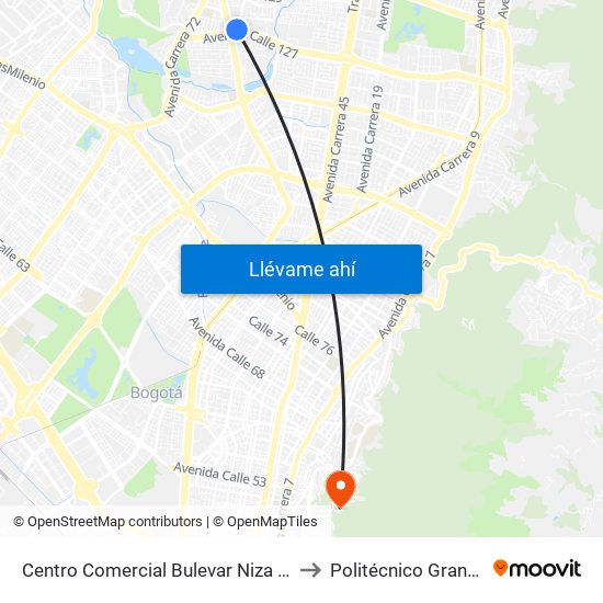 Centro Comercial Bulevar Niza (Ac 127 - Av. Suba) to Politécnico Grancolombiano map