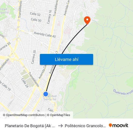 Planetario De Bogotá (Ak 7 - Cl 27) to Politécnico Grancolombiano map