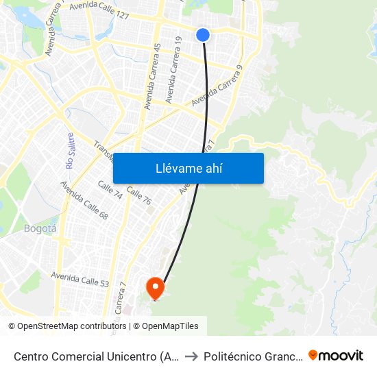 Centro Comercial Unicentro (Ak 15 - Cl 124) (B) to Politécnico Grancolombiano map