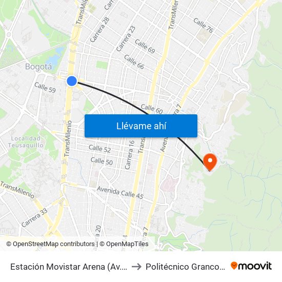 Estación Movistar Arena (Av. NQS - Cl 62) to Politécnico Grancolombiano map