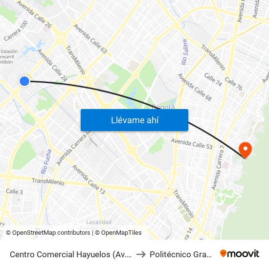 Centro Comercial Hayuelos (Av. C. De Cali - Cl 20) (A) to Politécnico Grancolombiano map