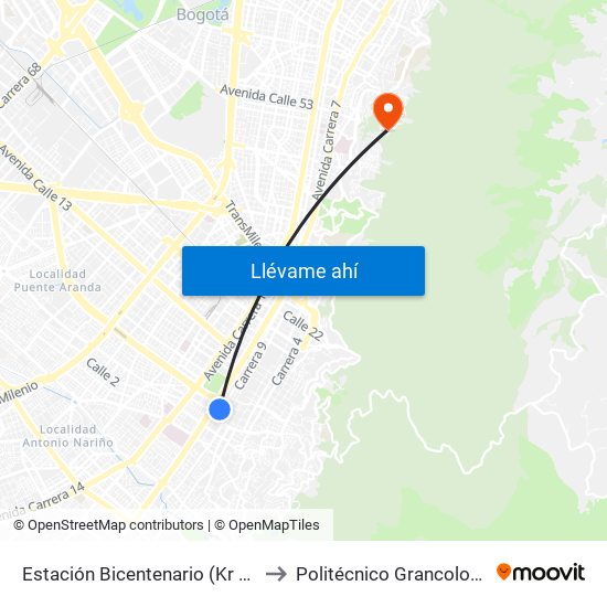 Estación Bicentenario (Kr 9 - Cl 6a) to Politécnico Grancolombiano map