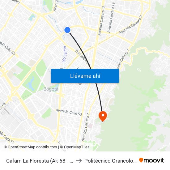 Cafam La Floresta (Ak 68 - Cl 98) (A) to Politécnico Grancolombiano map