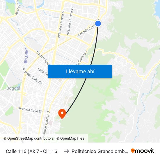 Calle 116 (Ak 7 - Cl 116) (A) to Politécnico Grancolombiano map