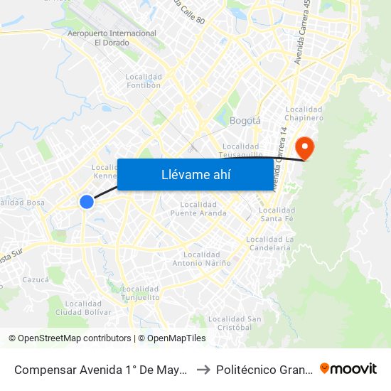 Compensar Avenida 1° De Mayo (Cl 42 Sur - Tv 78h) to Politécnico Grancolombiano map