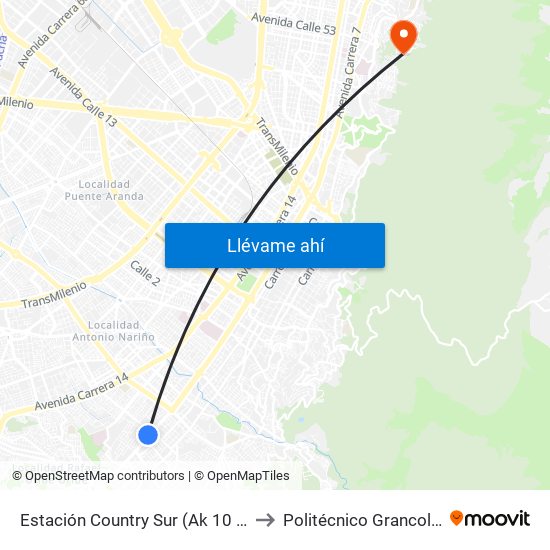 Estación Country Sur (Ak 10 - Cl 27a Sur) to Politécnico Grancolombiano map