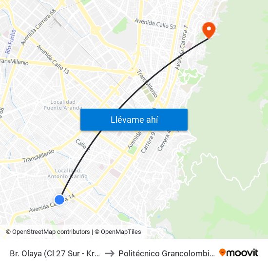 Br. Olaya (Cl 27 Sur - Kr 16) to Politécnico Grancolombiano map