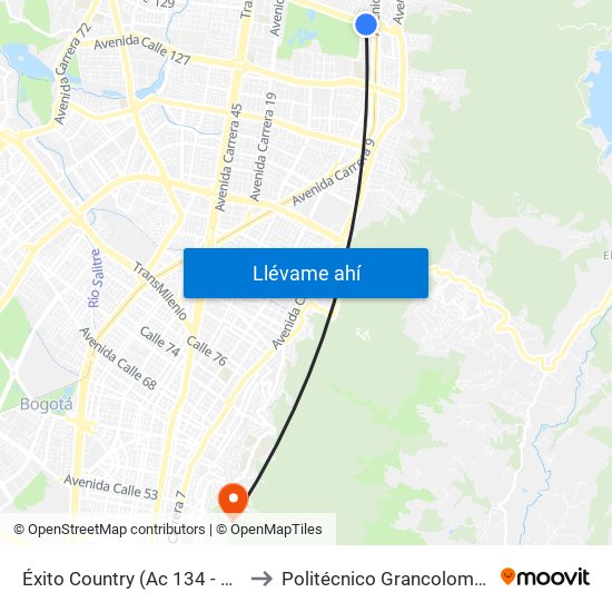 Éxito Country (Ac 134 - Kr 9b) to Politécnico Grancolombiano map