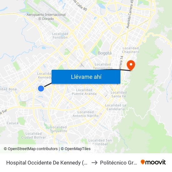 Hospital Occidente De Kennedy (Av. 1 De Mayo - Cl 40 Sur) (A) to Politécnico Grancolombiano map