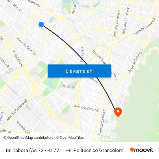 Br. Tabora (Ac 72 - Kr 77a) (A) to Politécnico Grancolombiano map