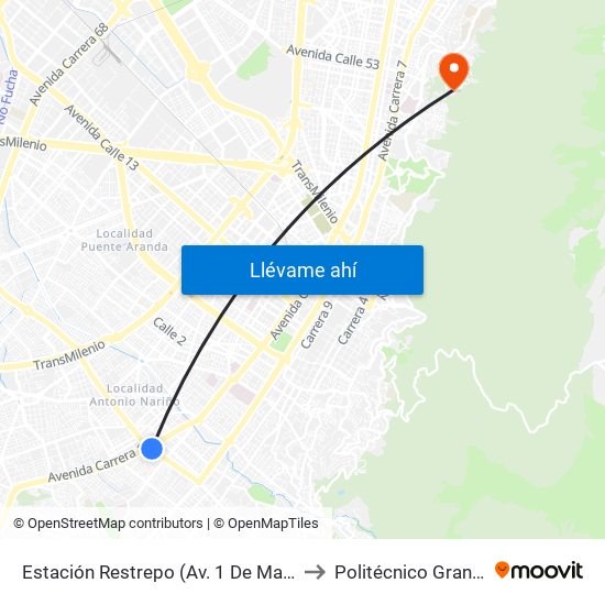 Estación Restrepo (Av. 1 De Mayo - Av. Caracas) (A) to Politécnico Grancolombiano map