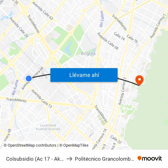 Colsubsidio (Ac 17 - Ak 68) to Politécnico Grancolombiano map