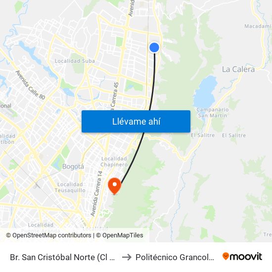 Br. San Cristóbal Norte (Cl 162 - Kr 8) to Politécnico Grancolombiano map