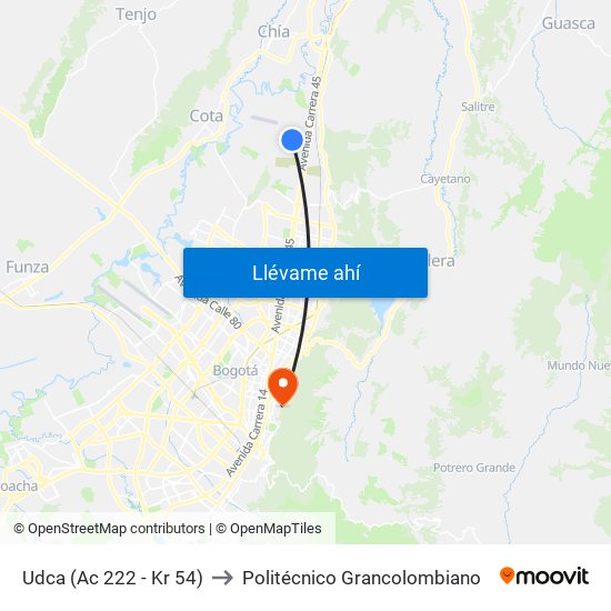 Udca (Ac 222 - Kr 54) to Politécnico Grancolombiano map