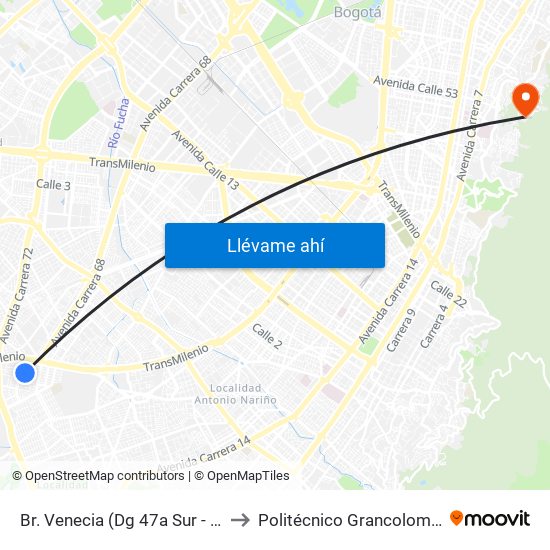 Br. Venecia (Dg 47a Sur - Kr 53) to Politécnico Grancolombiano map