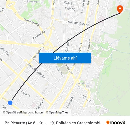 Br. Ricaurte (Ac 6 - Kr 26) to Politécnico Grancolombiano map