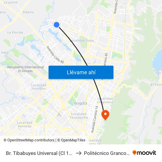 Br. Tibabuyes Universal (Cl 142 - Kr 129b) to Politécnico Grancolombiano map