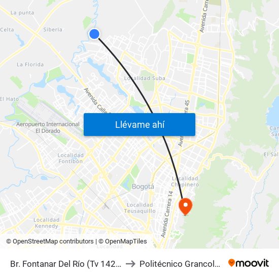 Br. Fontanar Del Río  (Tv 142 - Dg 150) to Politécnico Grancolombiano map