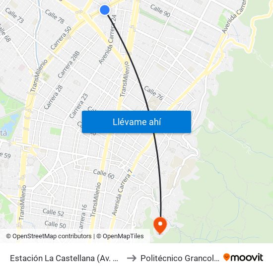 Estación La Castellana (Av. NQS - Cl 85a) to Politécnico Grancolombiano map