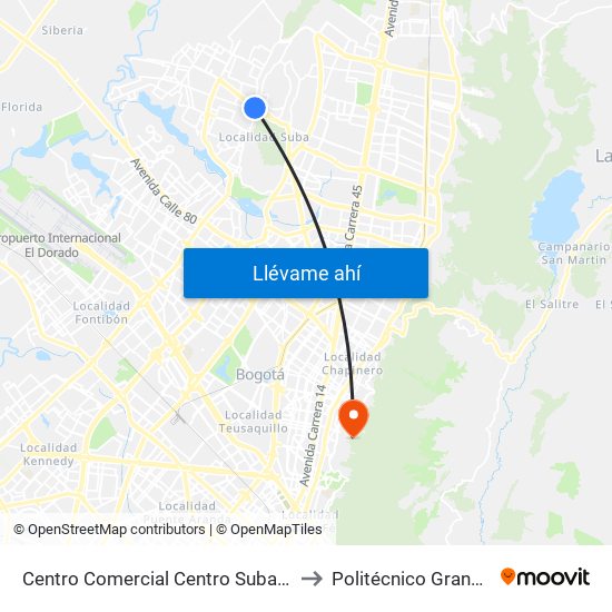 Centro Comercial Centro Suba (Av. Suba - Kr 91) to Politécnico Grancolombiano map