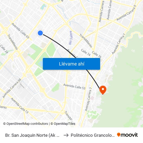 Br. San Joaquín Norte (Ak 70 - Cl 65) to Politécnico Grancolombiano map