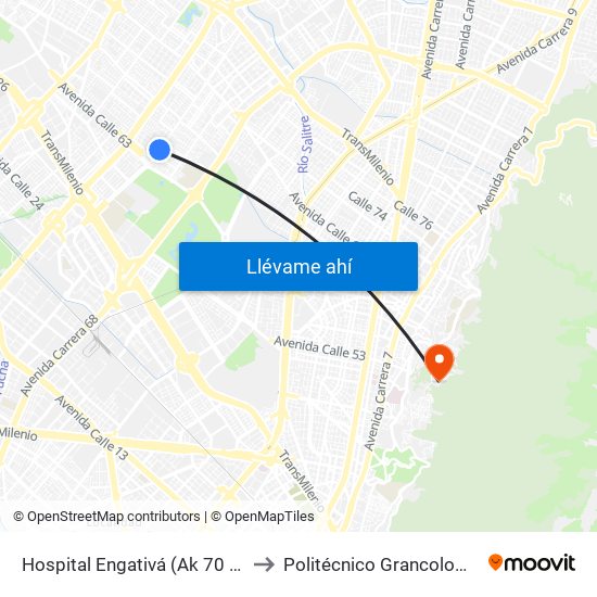 Hospital Engativá (Ak 70 - Cl 64) to Politécnico Grancolombiano map