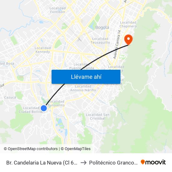 Br. Candelaria La Nueva (Cl 64 Sur - Kr 23) to Politécnico Grancolombiano map