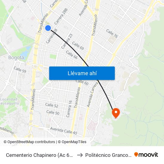 Cementerio Chapinero (Ac 68 - Kr 28b) (A) to Politécnico Grancolombiano map