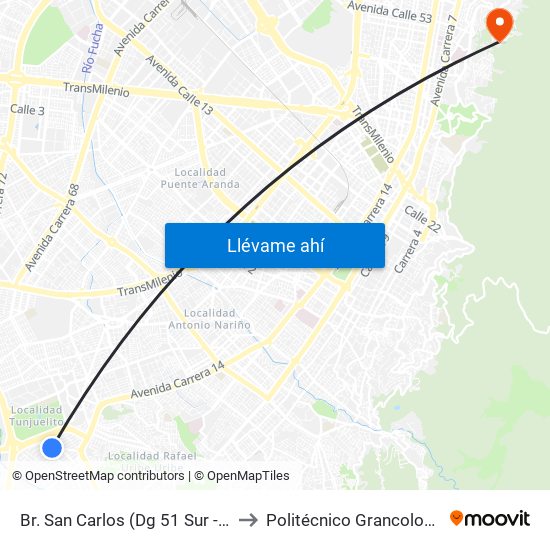 Br. San Carlos (Dg 51 Sur - Kr 18c) to Politécnico Grancolombiano map