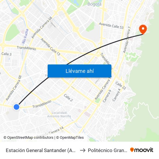 Estación General Santander (Auto Sur - Kr 50 Bis A) to Politécnico Grancolombiano map