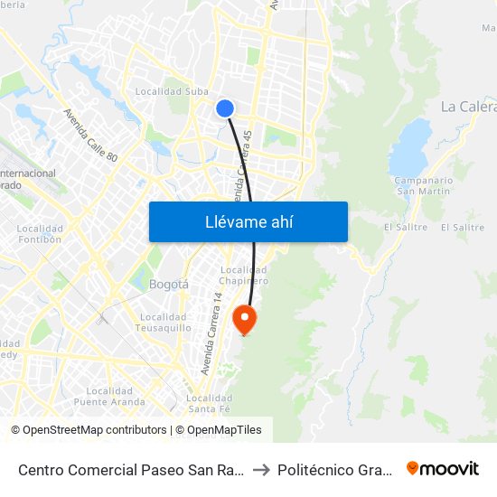 Centro Comercial Paseo San Rafael (Ac 134 - Kr 55a) to Politécnico Grancolombiano map