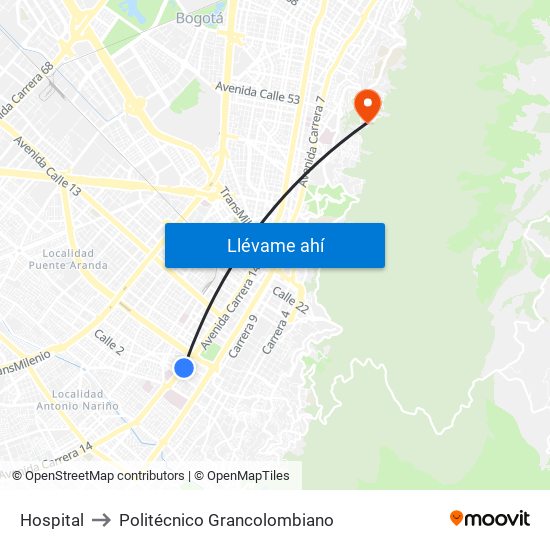 Hospital to Politécnico Grancolombiano map