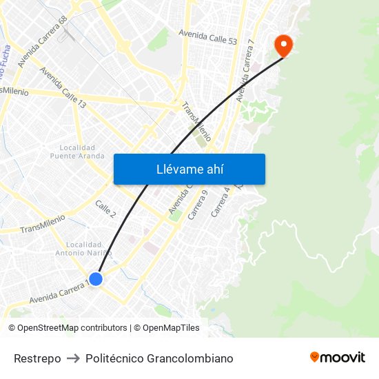 Restrepo to Politécnico Grancolombiano map