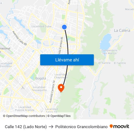 Calle 142 (Lado Norte) to Politécnico Grancolombiano map