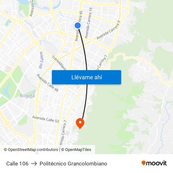 Calle 106 to Politécnico Grancolombiano map