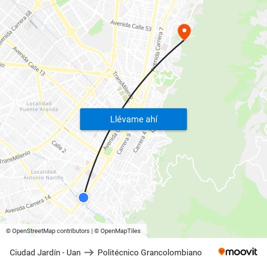 Ciudad Jardín - Uan to Politécnico Grancolombiano map