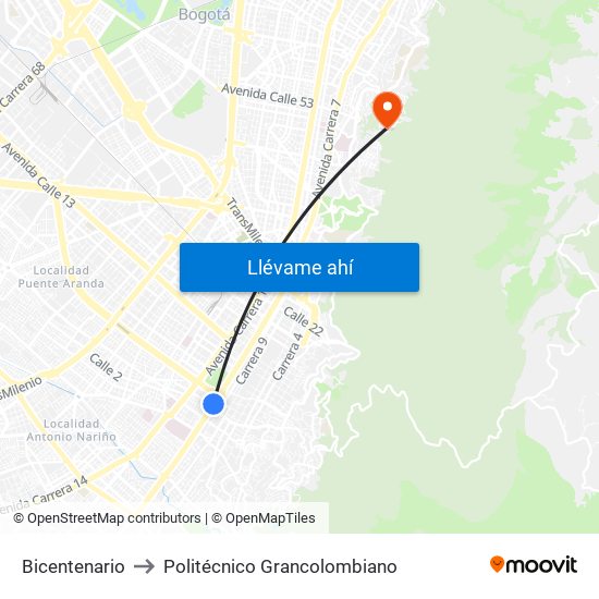 Bicentenario to Politécnico Grancolombiano map