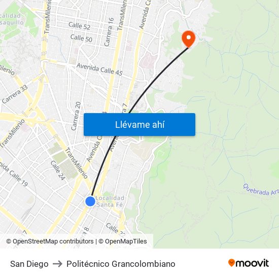 San Diego to Politécnico Grancolombiano map