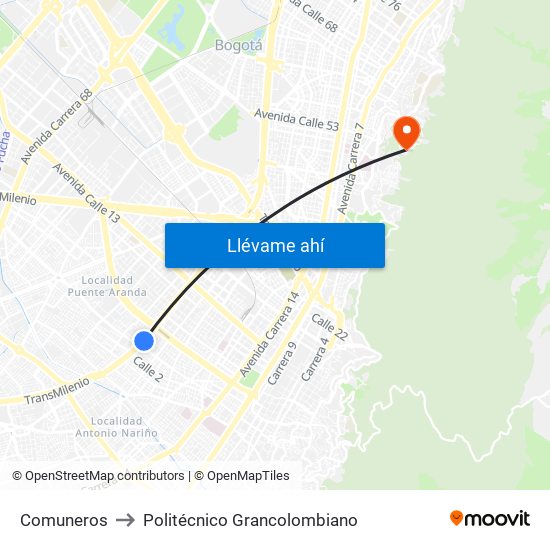 Comuneros to Politécnico Grancolombiano map